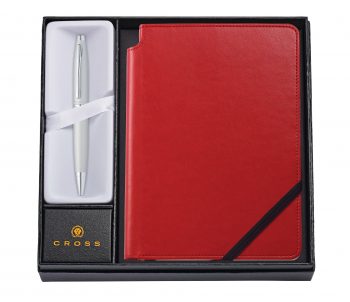 Calais Satin Chrome Ballpoint Pen with Medium Crimson Journal